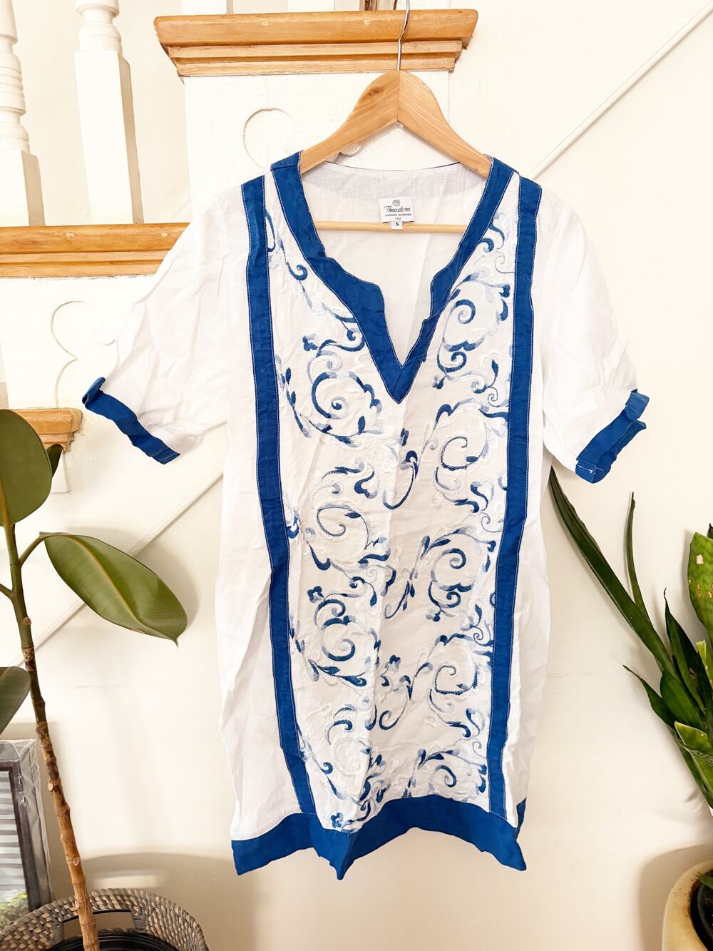 Theodora Positano White Blue Embroidered Linen Tunic Top Italy Size S